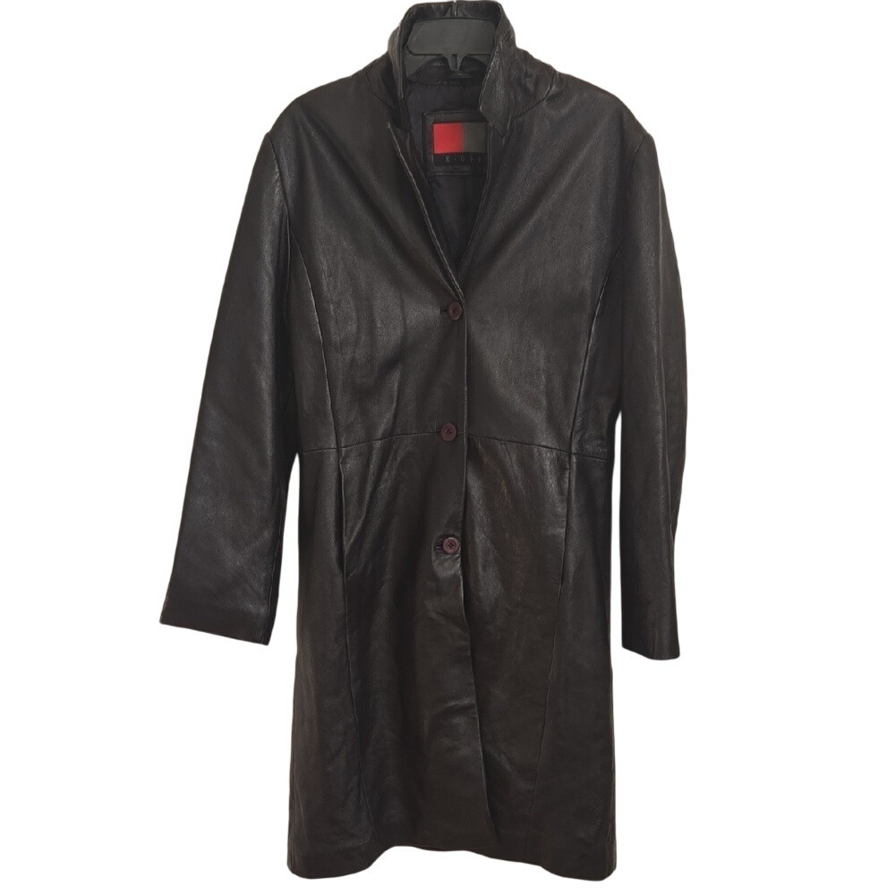 Women's Y2K Grunge Black Genuine Leather Jacket Trenchcoat 90s Streetwear Medium - Picture 2 of 13